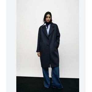 Zara Womens Long Coat Jacket XL Navy Blue Wool Blend Oversized 2052/201 NWT